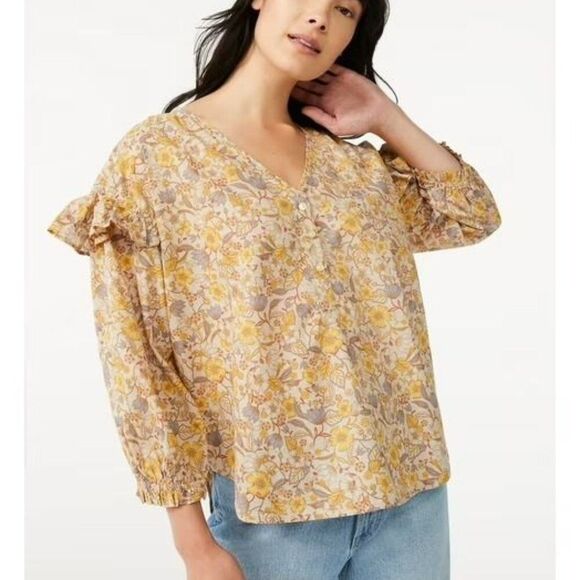 Free Assembly Women's Ruffle Blouse Large Yellow Beige Ruffle Sleeve Peasant - Picture 2 of 8